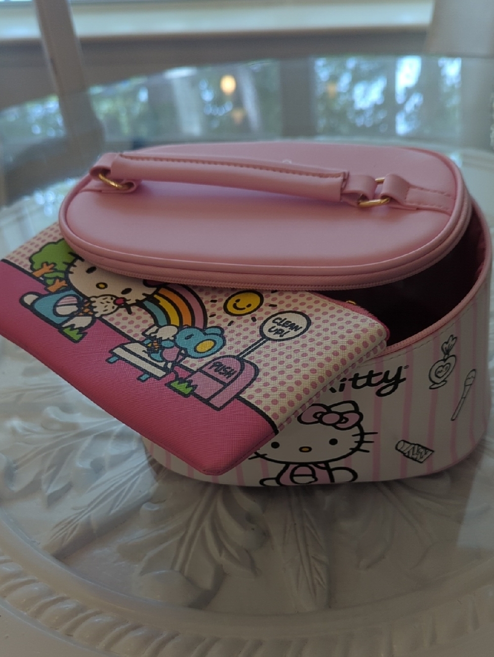 Hello Kitty Pink  Travel Cosmetic Case with Handle And Color Pencil Zipper Bag